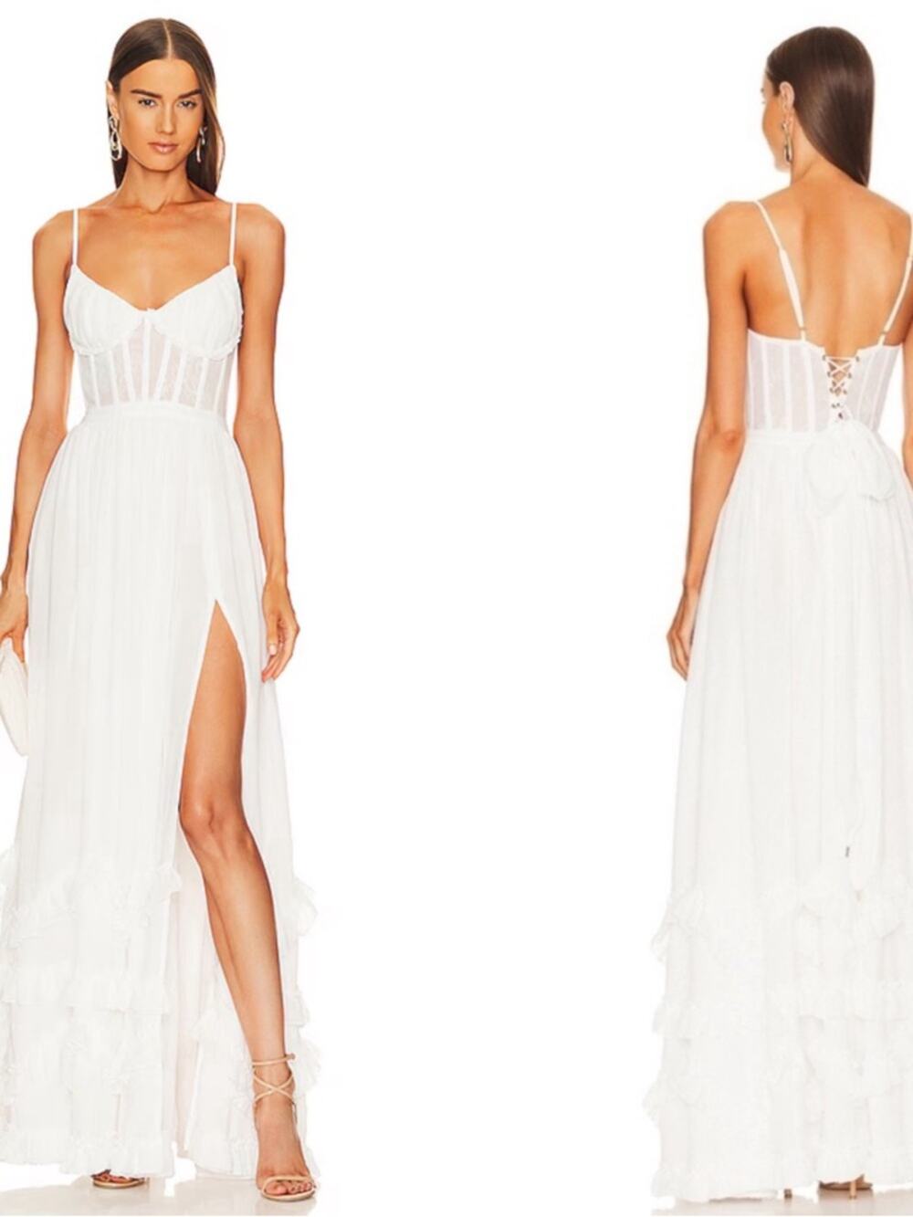 V. CHAPMAN Carmen Bustier Ruffle Tiered White Maxi Dress Size 0